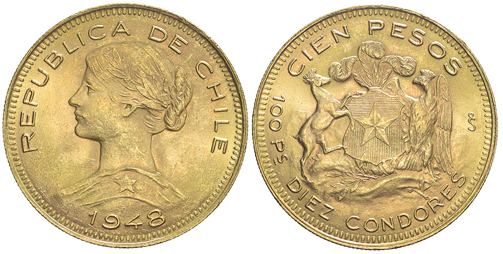 Chile Republic Pesos 1948 Gold 