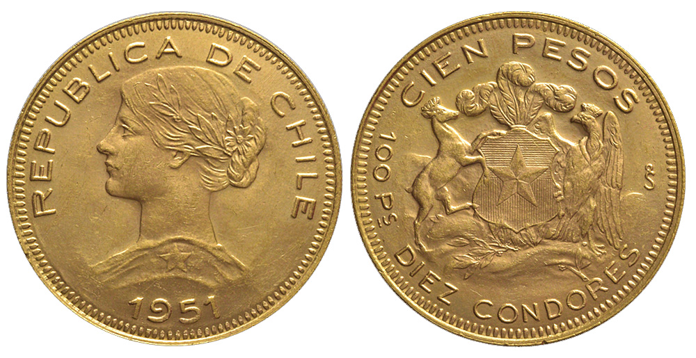 Chile Republic Pesos 1951 Gold 