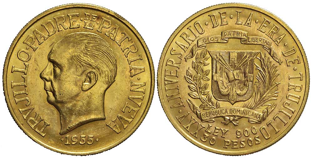 Dominican Republic Monetary Reform Pesos 1955 Gold 
