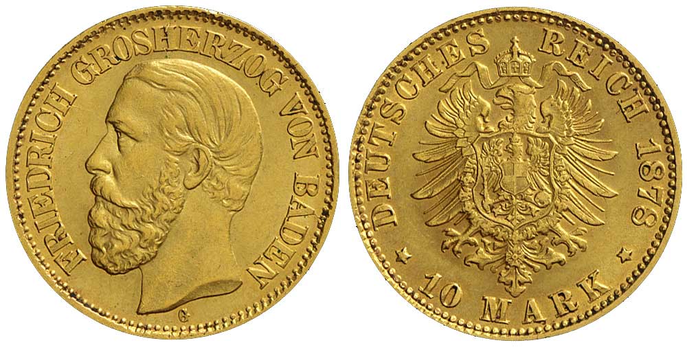 Germany Baden Friedrich Mark 1878 Gold 