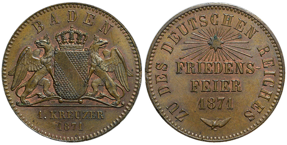 Germany Baden Friedrich Grand Duke Kreuzer 1871 