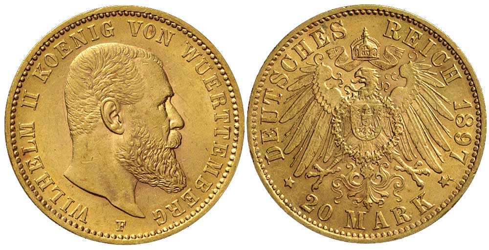 Germany Wurttemberg Wilhelm Mark 1897 Gold 