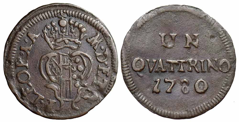 Italy Regional Mints Firenze Pietro Leopoldo Quattrino 1780 