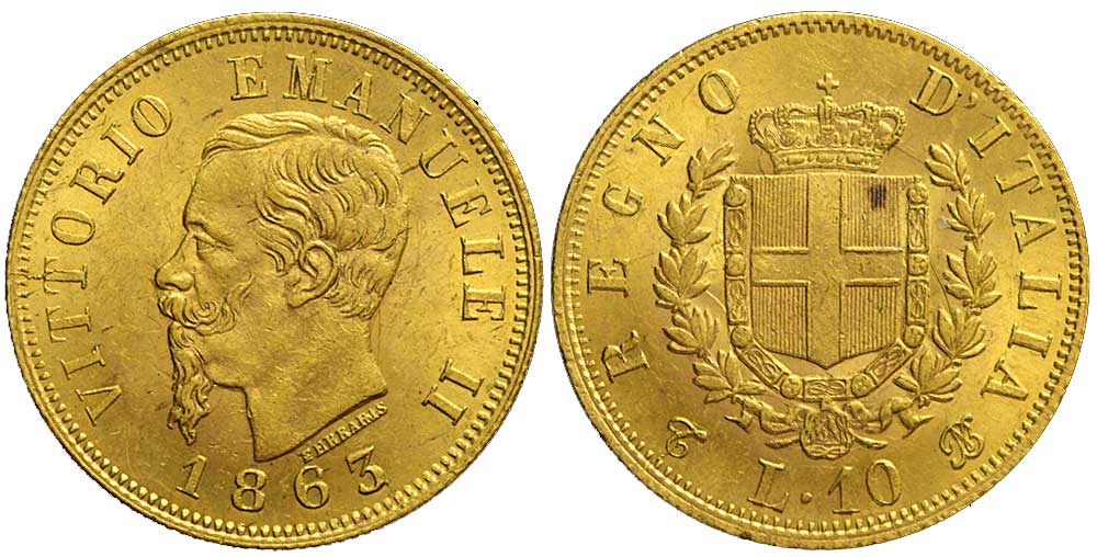 Italy Kingdom Vittorio Emanuele Lire 1863 Gold 
