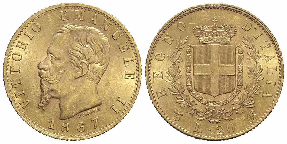 Italy Kingdom Vittorio Emanuele Lire 1867 Gold 