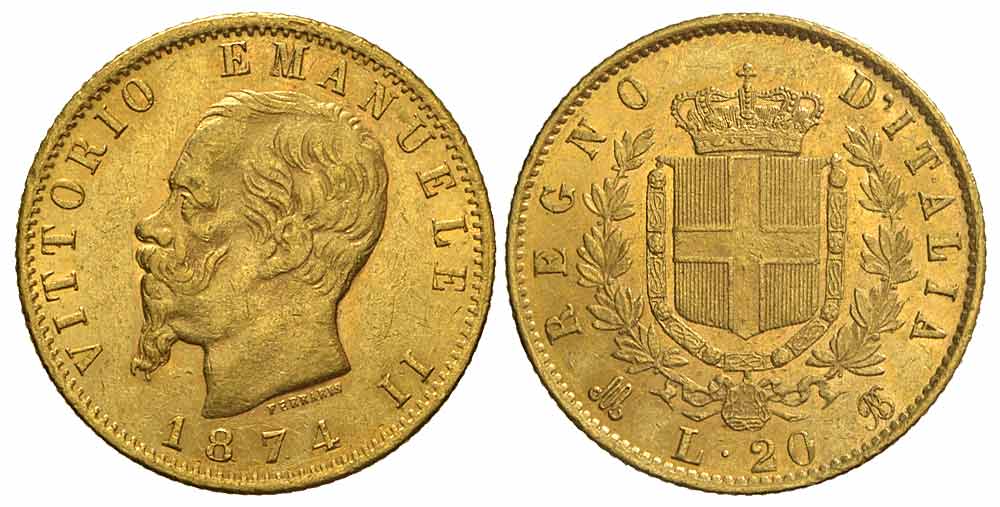 Italy Kingdom Vittorio Emanuele Lire 1874 Gold 