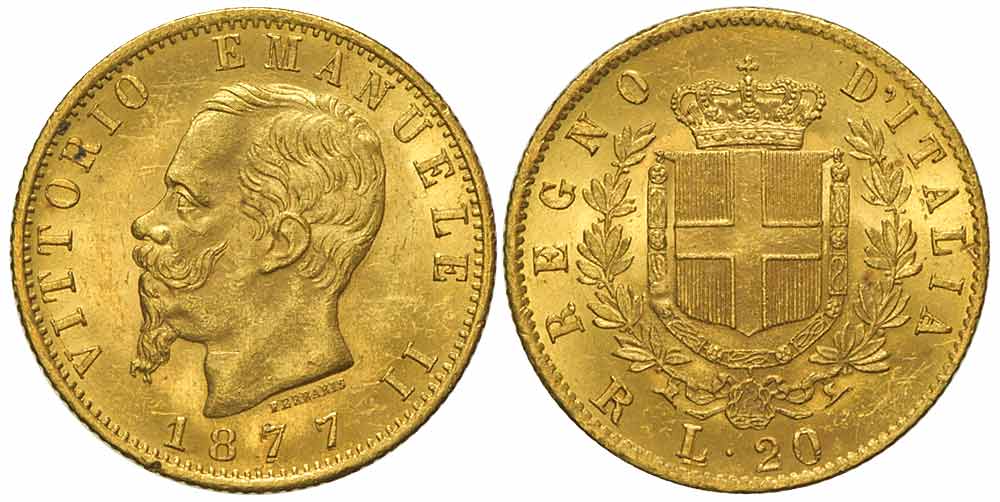 Italy Kingdom Vittorio Emanuele Lire 1877 Gold 