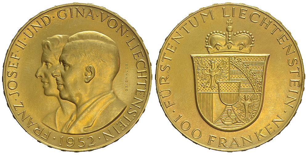 Liechtenstein Prince Franz Joseph Franken 1952 Gold 