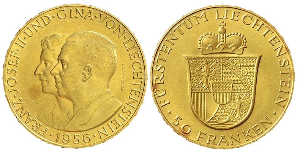 Liechtenstein Prince Franz Joseph Franken 1956 Gold 