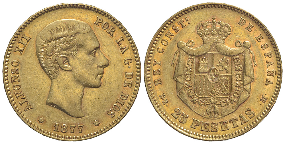 Spain Alfonso Pesetas 1877 Gold 