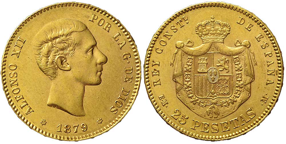 Spain Alfonso Pesetas 1879 Gold 