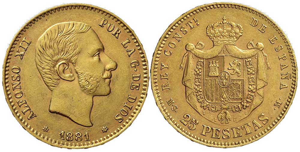 Spain Alfonso Pesetas 1881 Gold 