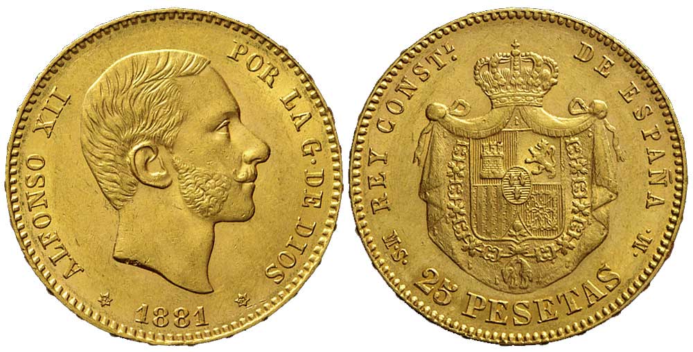 Spain Alfonso Pesetas 1881 Gold 