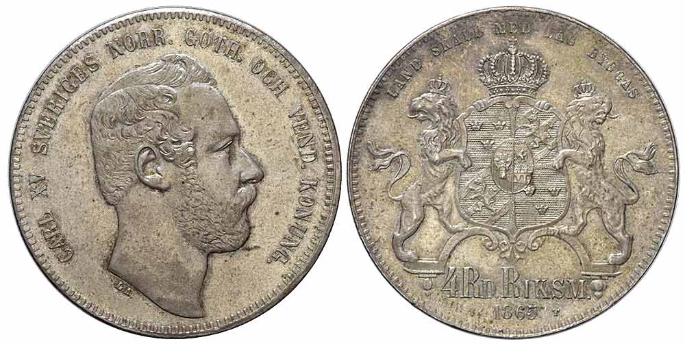 Sweden Carl Adolf Riksdaler Riksmynt 1865 