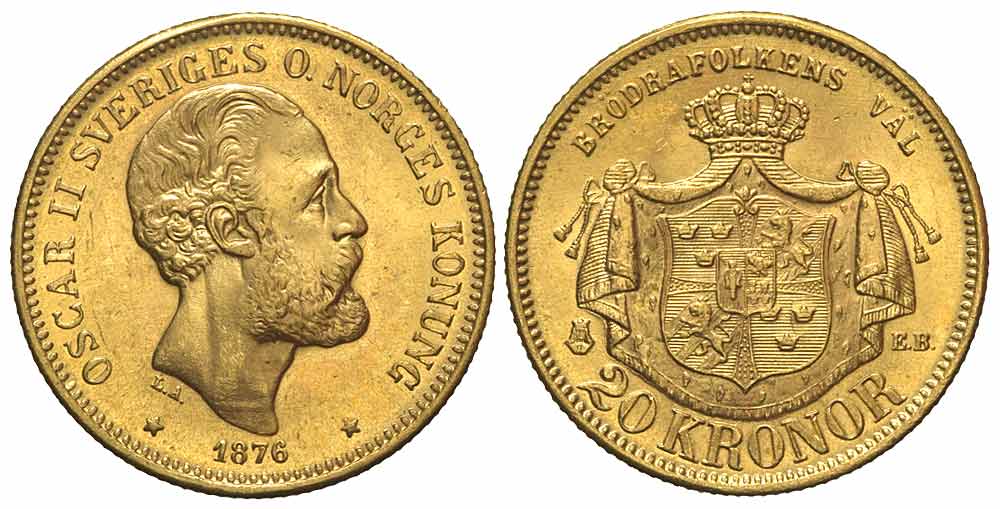 Sweden Oscar Kronor 1876 Gold 