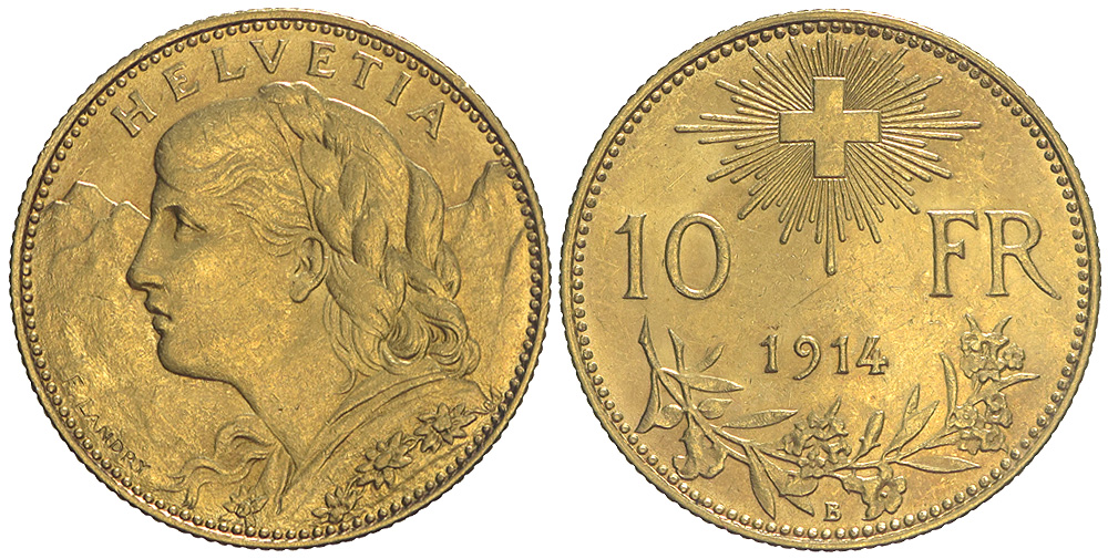 Switzerland Confoederatio Helvetica Francs 1914 Gold 