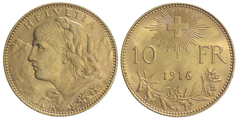 Switzerland Confoederatio Helvetica Francs 1916 Gold 