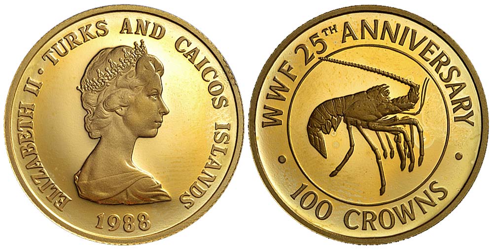 Turks Caicos Islands Elizabeth Crowns 1988 Gold 