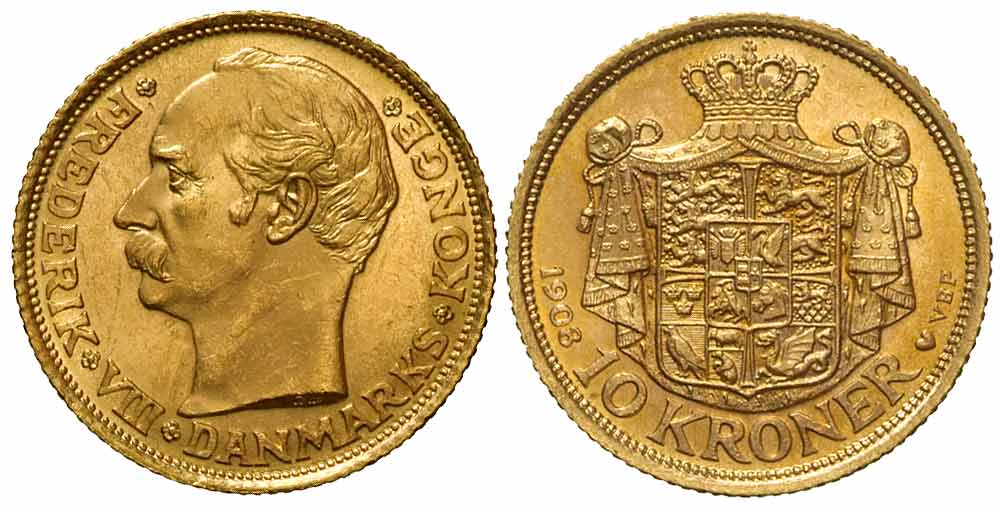 Denmark Frederik VIII Kroner 1908 Gold 