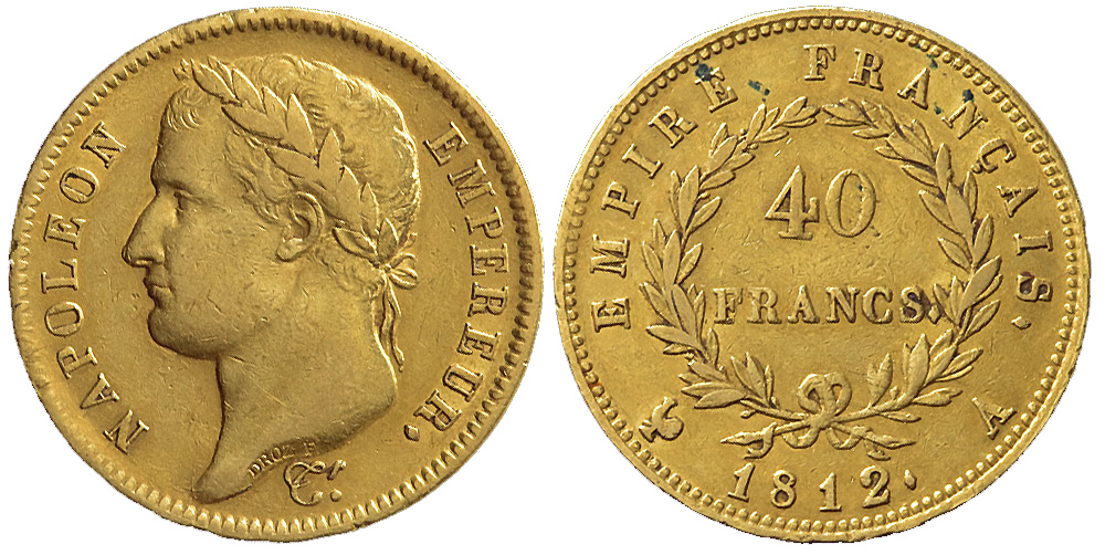 France Napoleon Emperor Francs 1812 Gold 