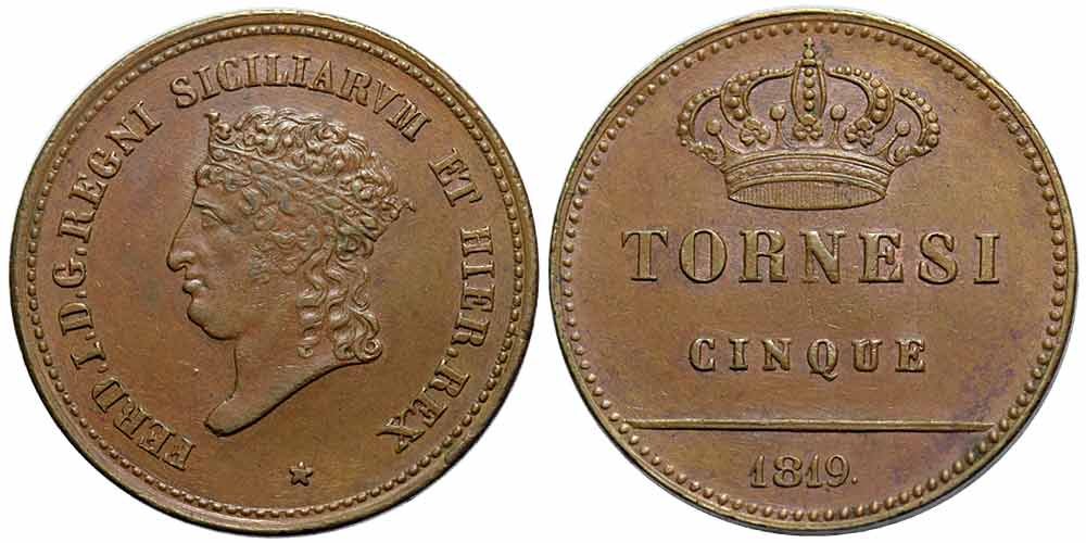 Italy-A-Regional-Mints-Napoli-Ferdinando-I-Tornesi-1819-AE