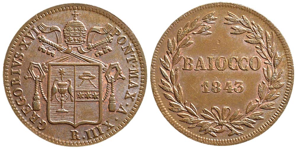 Italy Papal States Rome Gregory Baiocco 1843 