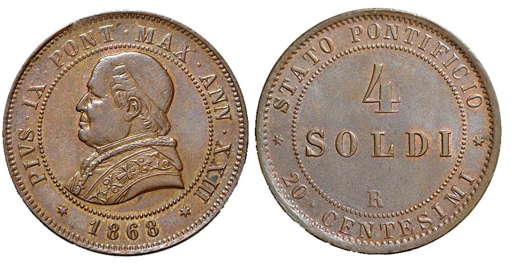 Italy Papal States Rome Pius Soldi 1868 