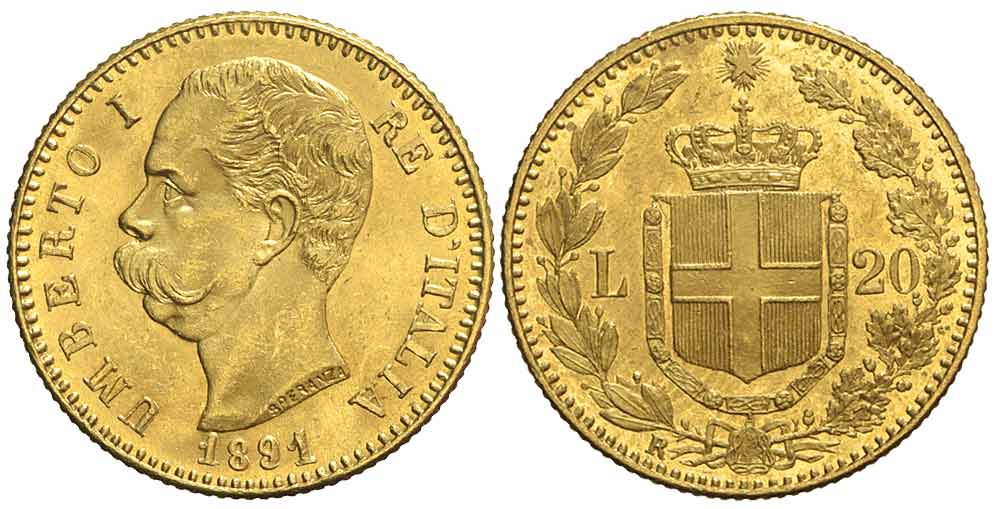 Italy Kingdom Umberto Lire 1891 Gold 