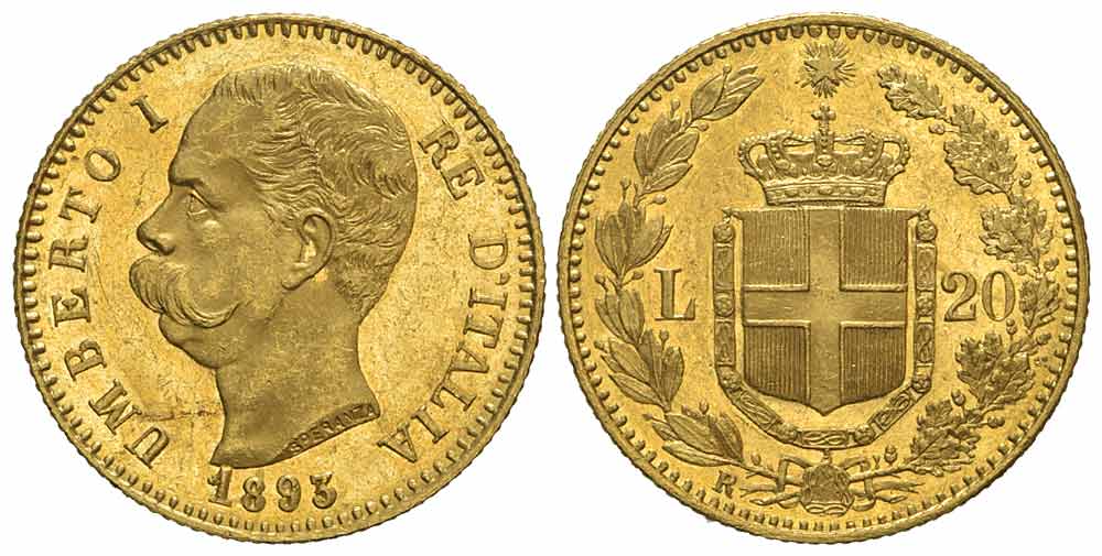 Italy Kingdom Umberto Lire 1893 Gold 