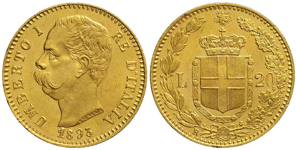 Italy Kingdom Umberto Lire 1893 Gold 