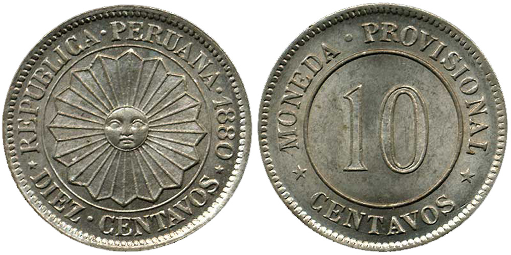 Peru Provisional Coinage Cent 1880 CuNi 