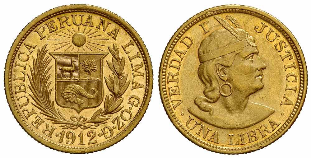 Peru Trade Coinage Libra 1912 Gold 