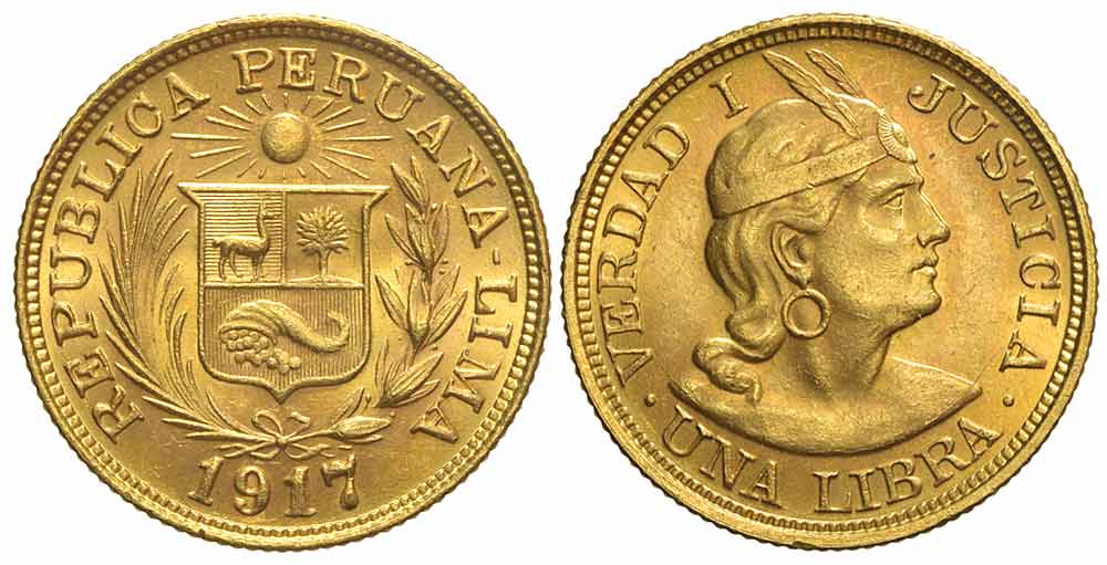 Peru Trade Coinage Libra 1917 Gold 