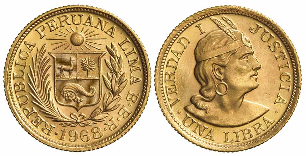 Peru Trade Coinage Libra 1968 Gold 