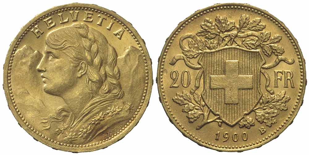 Switzerland Confoederatio Helvetica Francs 1900 Gold 