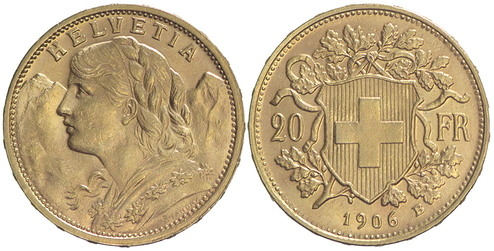 Switzerland Confoederatio Helvetica Francs 1906 Gold 