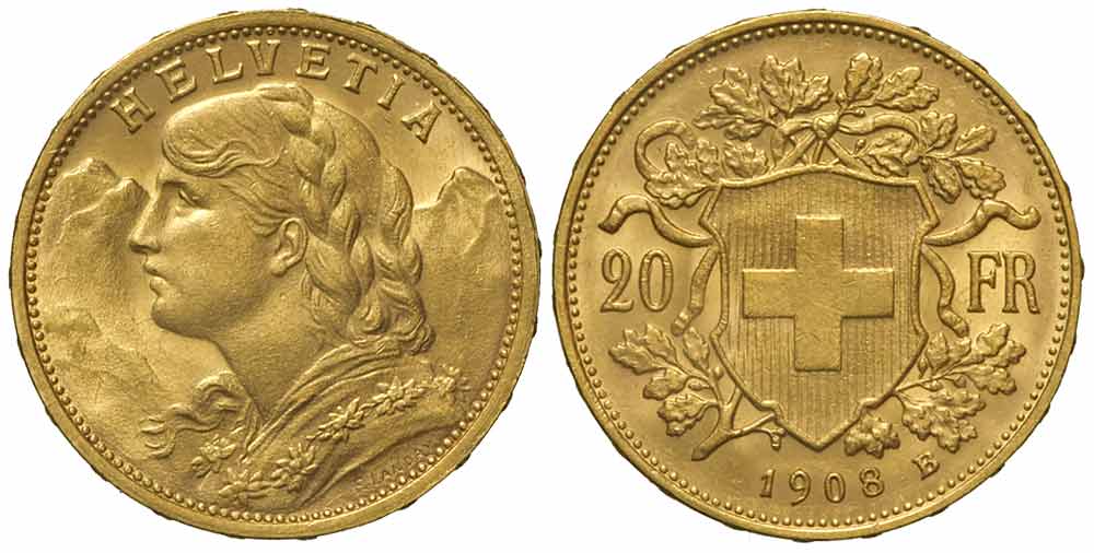 Switzerland Confoederatio Helvetica Francs 1908 Gold 