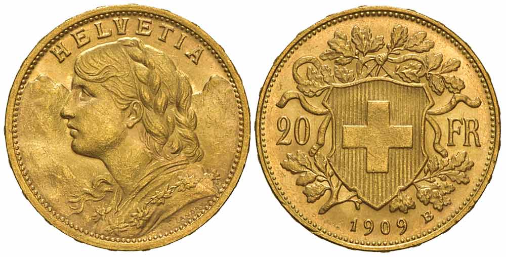 Switzerland Confoederatio Helvetica Francs 1909 Gold 