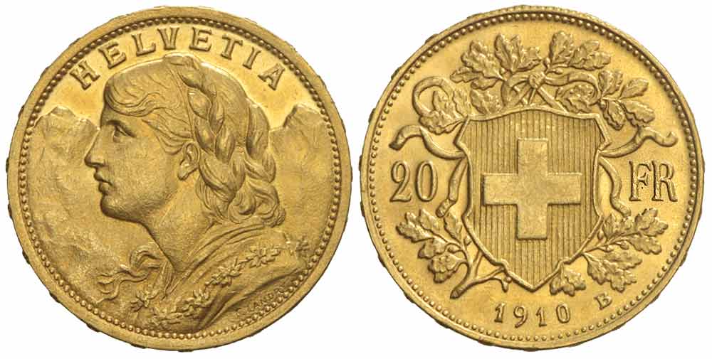 Switzerland Confoederatio Helvetica Francs 1910 Gold 