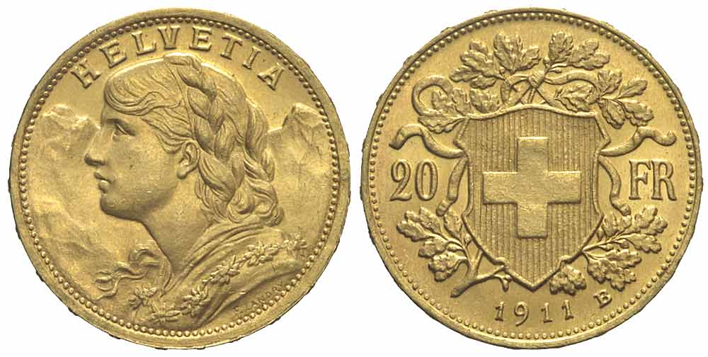Switzerland Confoederatio Helvetica Francs 1911 Gold 
