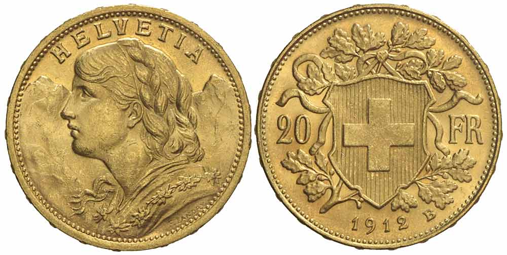 Switzerland Confoederatio Helvetica Francs 1912 Gold 