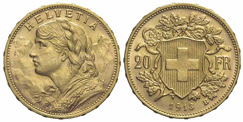 Switzerland Confoederatio Helvetica Francs 1913 Gold 