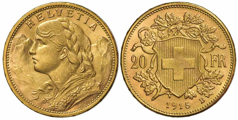 Switzerland Confoederatio Helvetica Francs 1915 Gold 