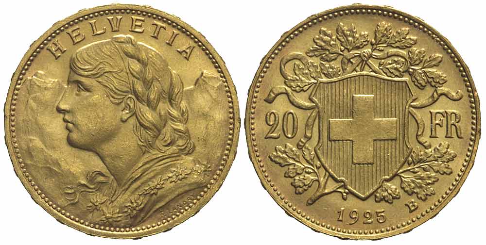 Switzerland Confoederatio Helvetica Francs 1925 Gold 