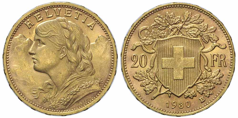 Switzerland Confoederatio Helvetica Francs 1930 Gold 