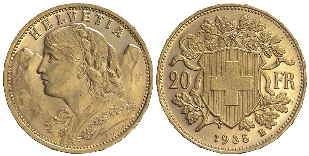 Switzerland Confoederatio Helvetica Francs 1935 Gold 