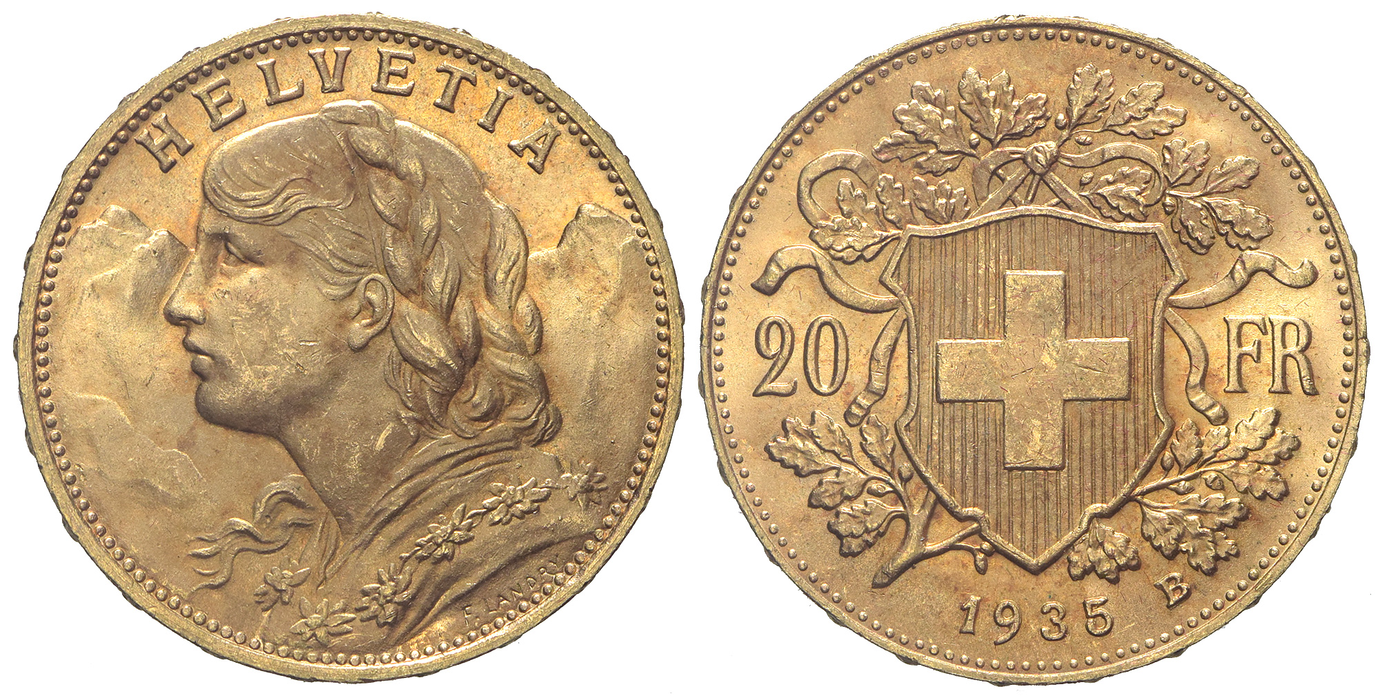 Switzerland Confoederatio Helvetica Francs 1935 Gold 